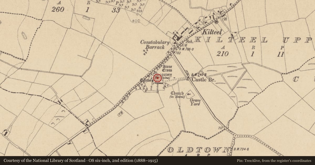 Ordnance Survey six-inch map, 2nd edition (1888–1915) covering the location of Bawn, Kilteel Upper, County Kildare, with a pin at the register's coordinates