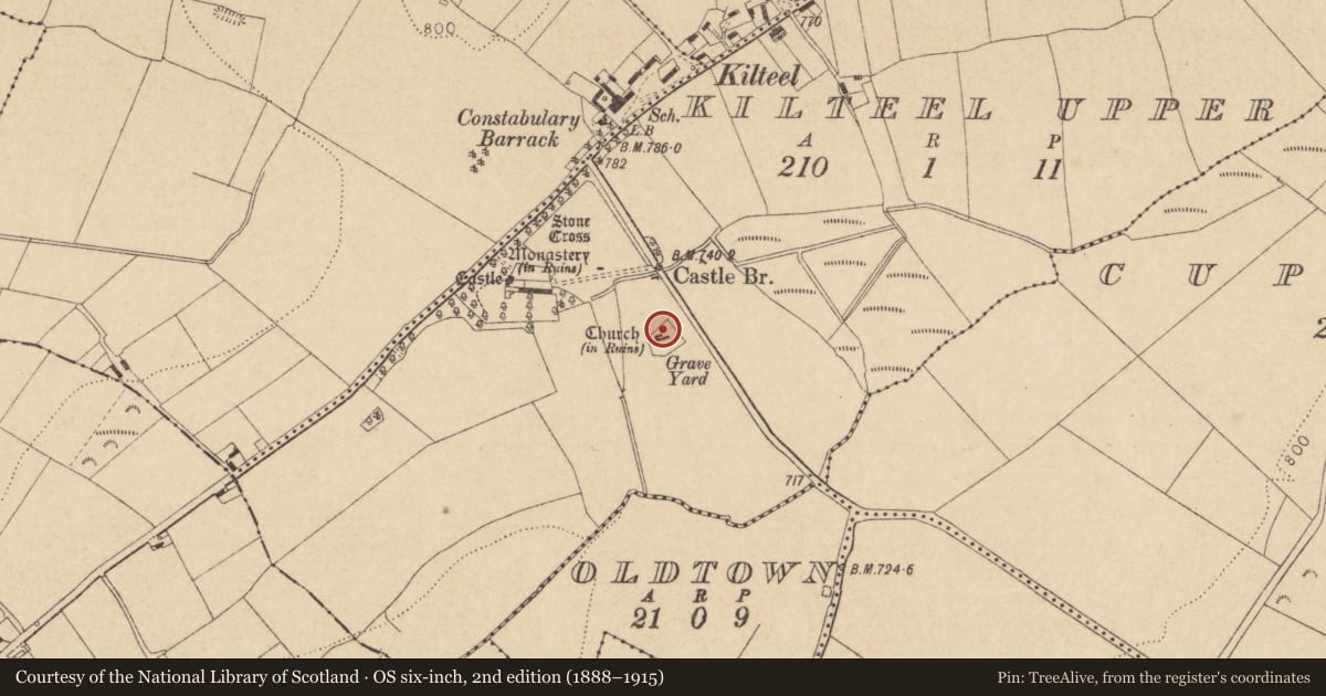 Ordnance Survey six-inch map, 2nd edition (1888–1915) covering the location of Church, Kilteel Upper, County Kildare, with a pin at the register's coordinates