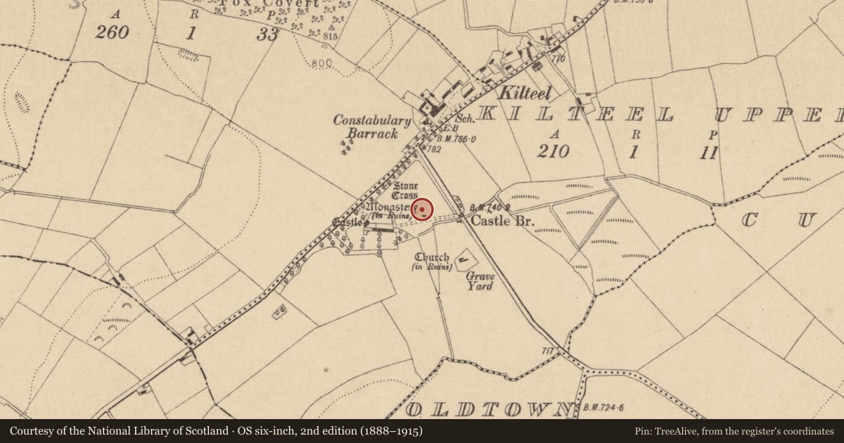 Ordnance Survey six-inch map, 2nd edition (1888–1915) covering the location of Religious house - Knights Hospitallers, Kilteel Upper, County Kildare, with a pin at the register's coordinates