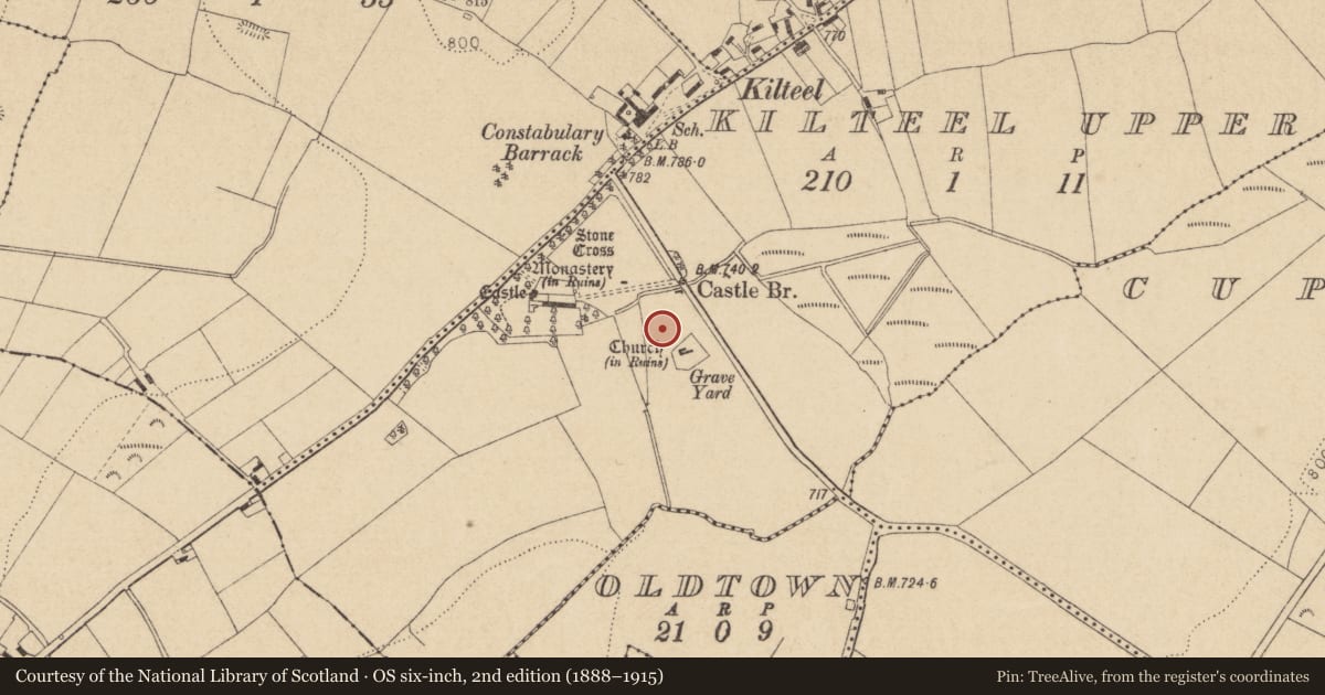 Ordnance Survey six-inch map, 2nd edition (1888–1915) covering the location of Ecclesiastical enclosure, Kilteel Upper, County Kildare, with a pin at the register's coordinates