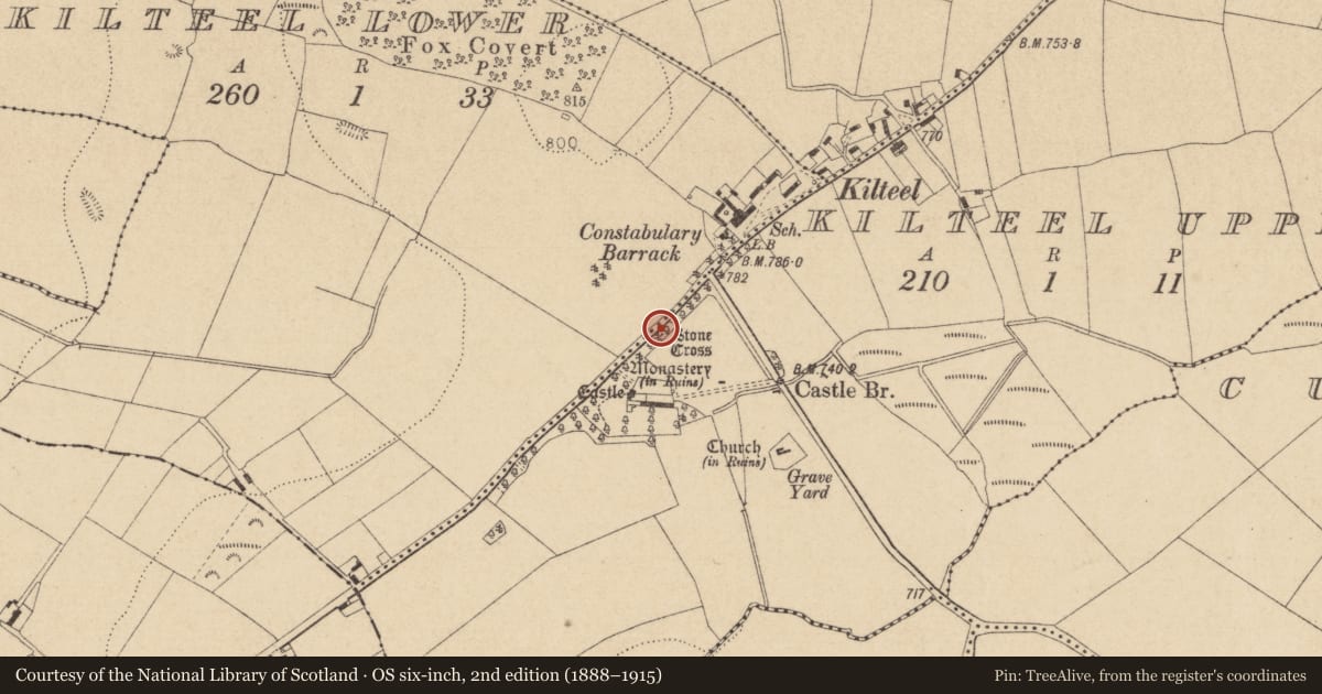 Ordnance Survey six-inch map, 2nd edition (1888–1915) covering the location of Cross - High cross, Kilteel Upper, County Kildare, with a pin at the register's coordinates