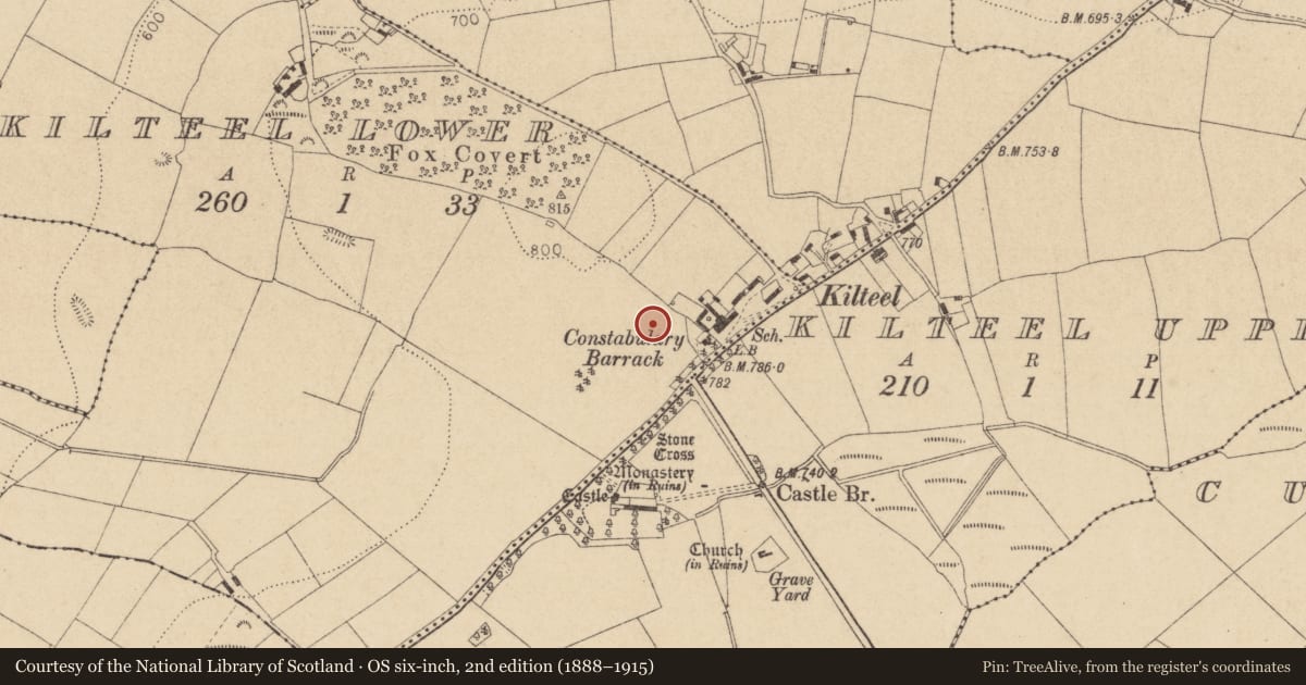 Ordnance Survey six-inch map, 2nd edition (1888–1915) covering the location of Earthwork, Kilteel Lower, County Kildare, with a pin at the register's coordinates