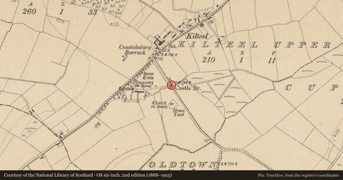 Ordnance Survey six-inch map, 2nd edition (1888–1915) covering the location of Bridge, Kilteel Upper, County Kildare, with a pin at the register's coordinates