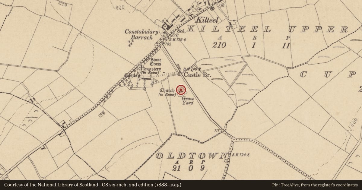 Ordnance Survey six-inch map, 2nd edition (1888–1915) covering the location of Cross-inscribed stone (present location), Kilteel Upper, County Kildare, with a pin at the register's coordinates