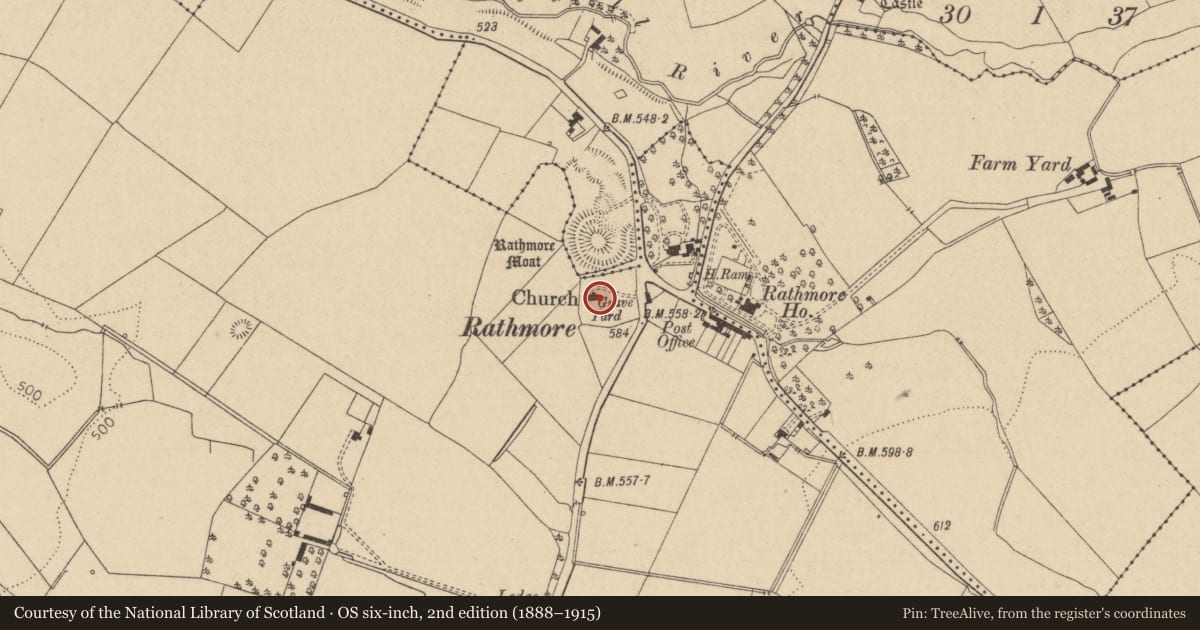Ordnance Survey six-inch map, 2nd edition (1888–1915) covering the location of Church, Rathmore West, County Kildare, with a pin at the register's coordinates