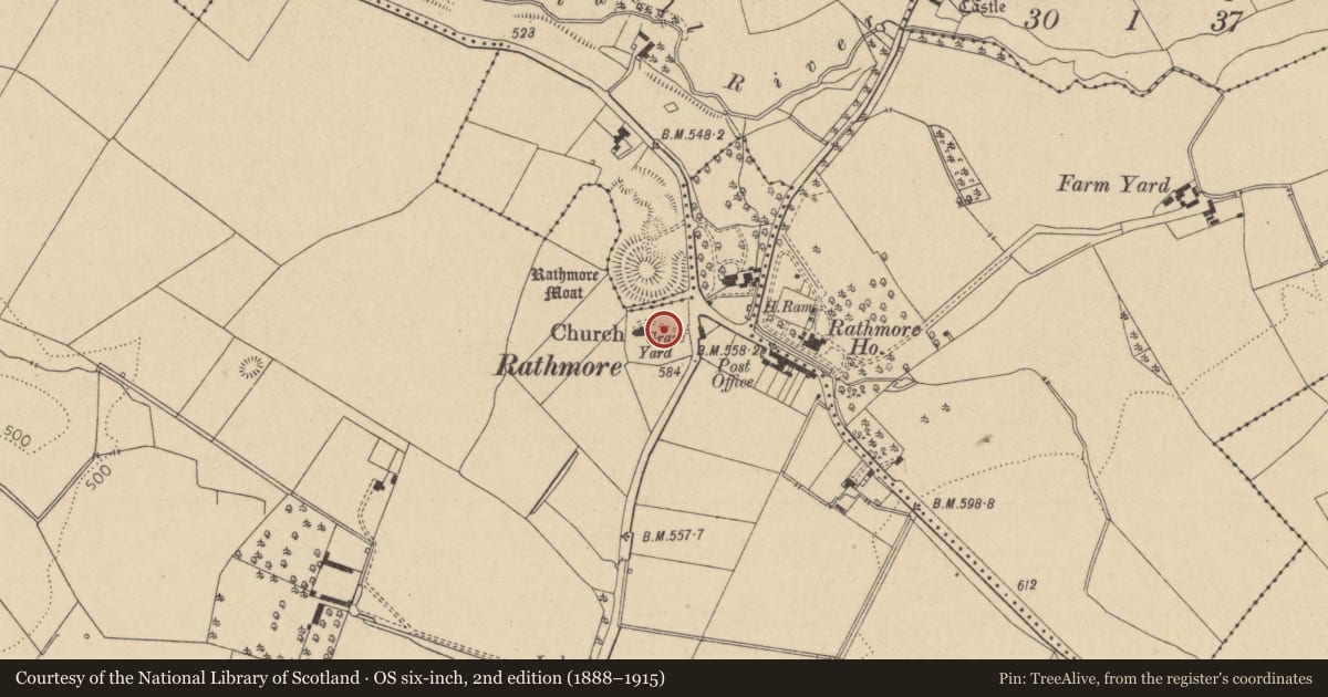 Ordnance Survey six-inch map, 2nd edition (1888–1915) covering the location of Graveyard, Rathmore West, County Kildare, with a pin at the register's coordinates