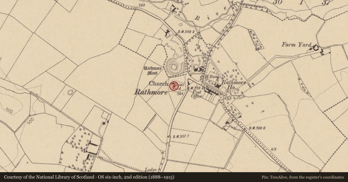 Ordnance Survey six-inch map, 2nd edition (1888–1915) covering the location of Cross, Rathmore West, County Kildare, with a pin at the register's coordinates