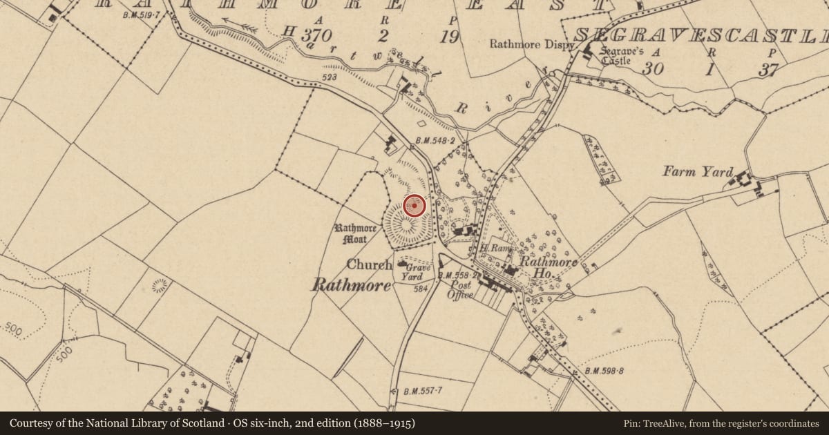Ordnance Survey six-inch map, 2nd edition (1888–1915) covering the location of Burial, Rathmore East, County Kildare, with a pin at the register's coordinates