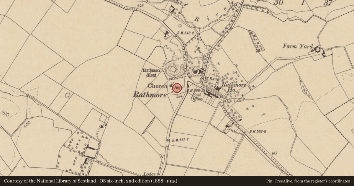 Ordnance Survey six-inch map, 2nd edition (1888–1915) covering the location of Cross, Rathmore West, County Kildare, with a pin at the register's coordinates