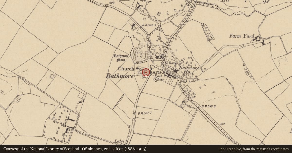 Ordnance Survey six-inch map, 2nd edition (1888–1915) covering the location of Graveslab, Rathmore West, County Kildare, with a pin at the register's coordinates