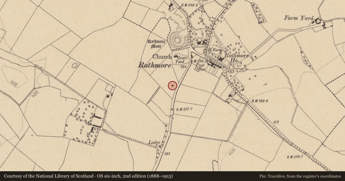 Ordnance Survey six-inch map, 2nd edition (1888–1915) covering the location of Pit-burial, Rathmore West, County Kildare, with a pin at the register's coordinates