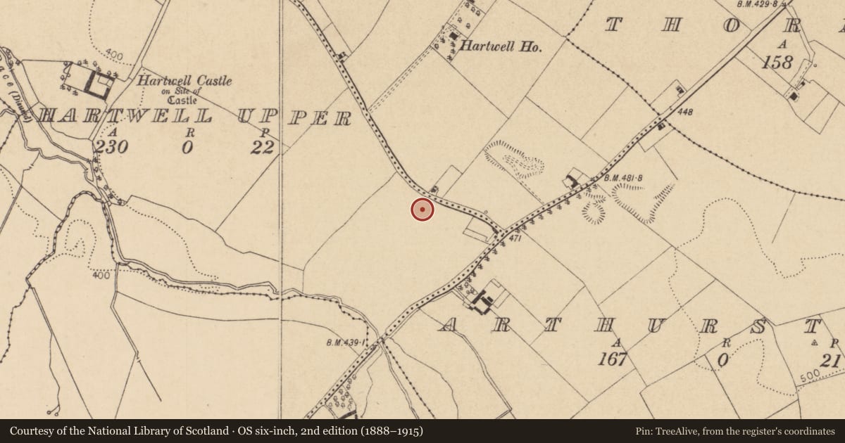 Ordnance Survey six-inch map, 2nd edition (1888–1915) covering the location of Urn burial, Hartwell Upper, County Kildare, with a pin at the register's coordinates