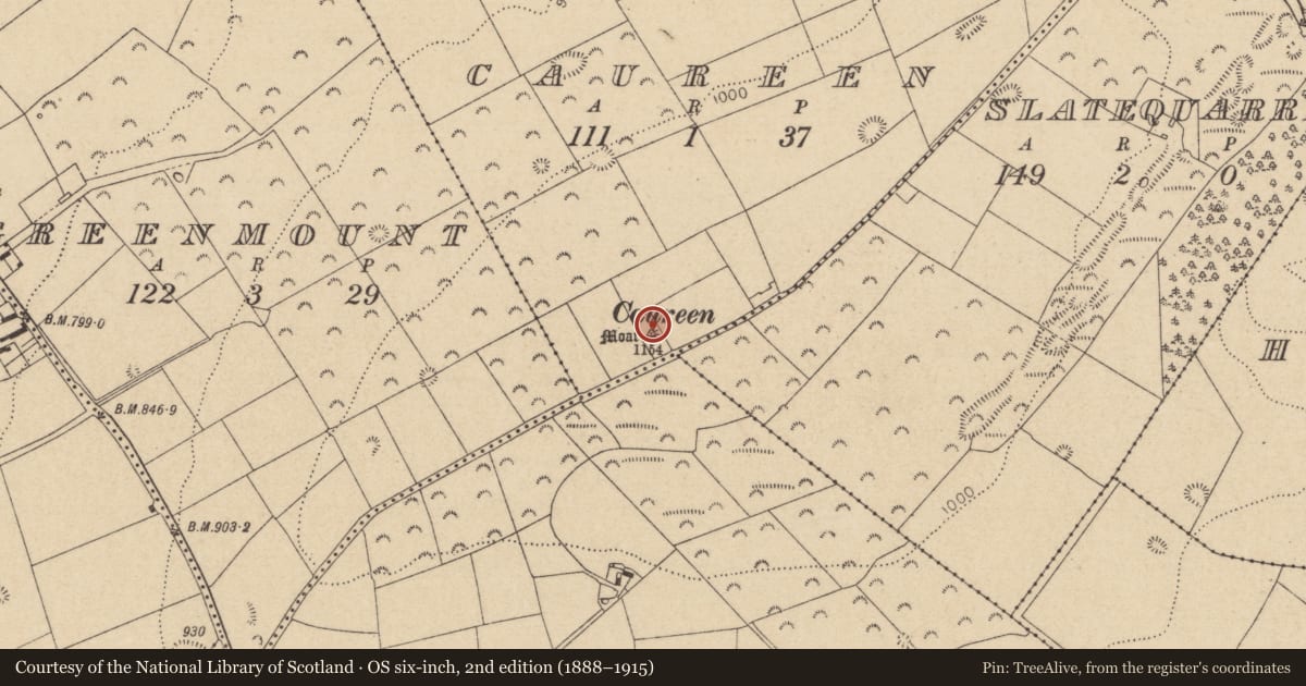 Ordnance Survey six-inch map, 2nd edition (1888–1915) covering the location of Mound, Caureen, County Kildare, with a pin at the register's coordinates