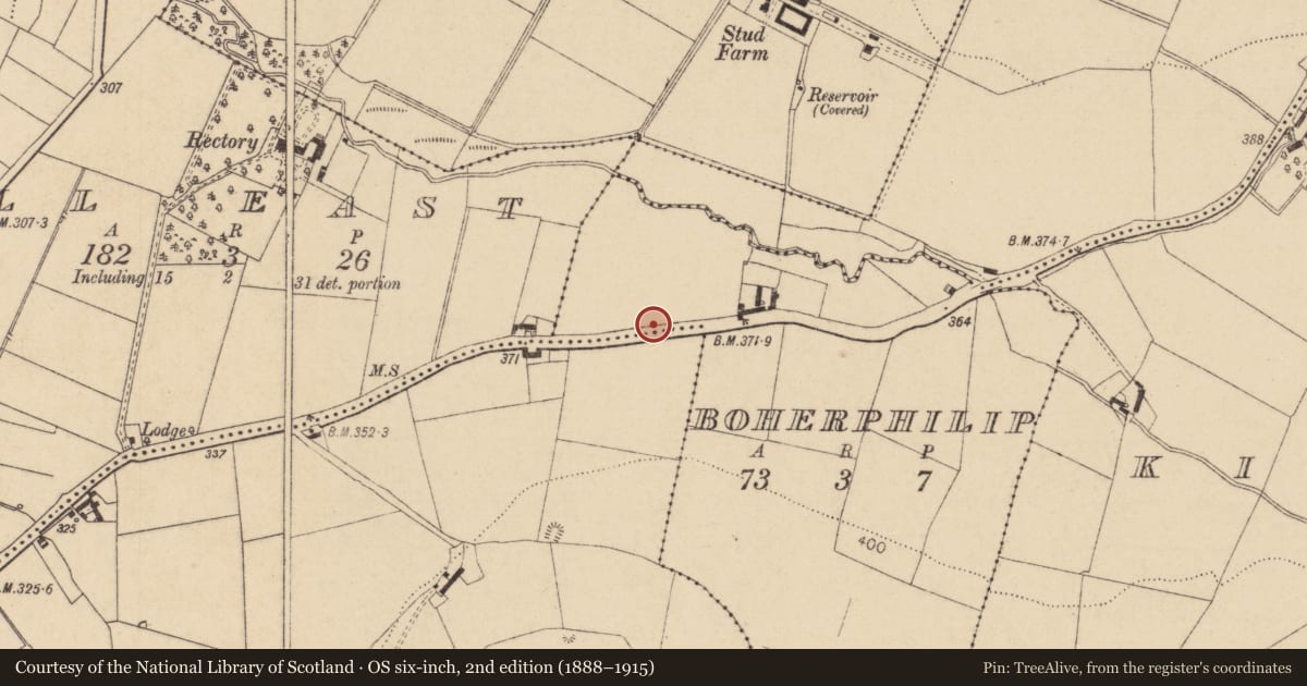 Ordnance Survey six-inch map, 2nd edition (1888–1915) covering the location of Flat cemetery, Killhill, County Kildare, with a pin at the register's coordinates