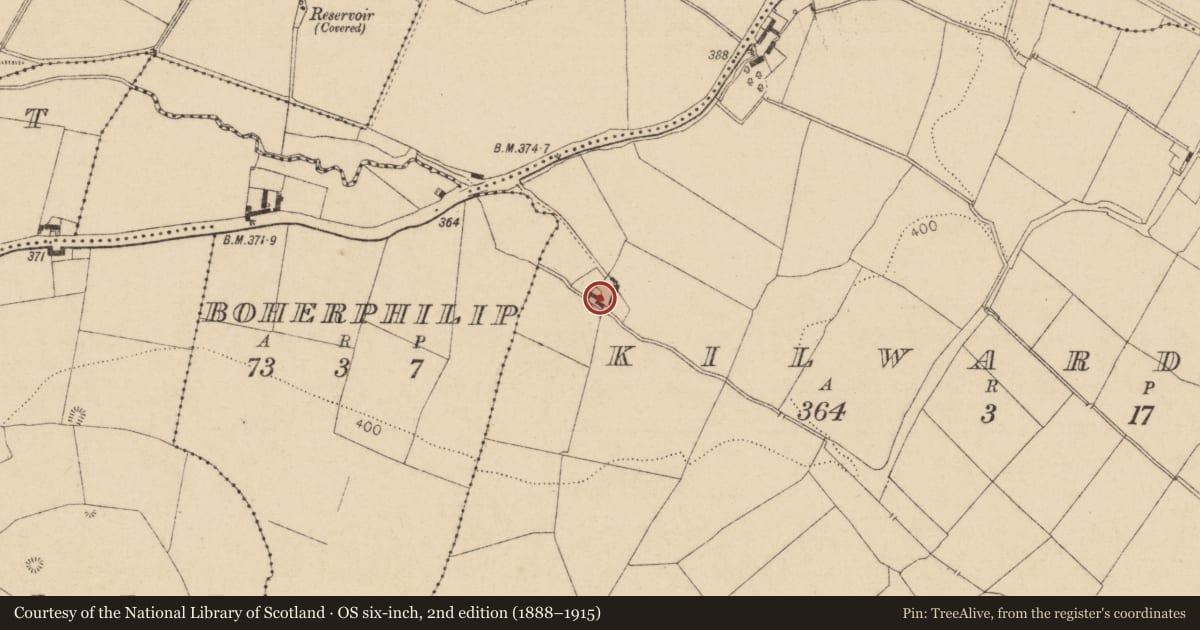 Ordnance Survey six-inch map, 2nd edition (1888–1915) covering the location of Font (present location), Kilwarden, County Kildare, with a pin at the register's coordinates