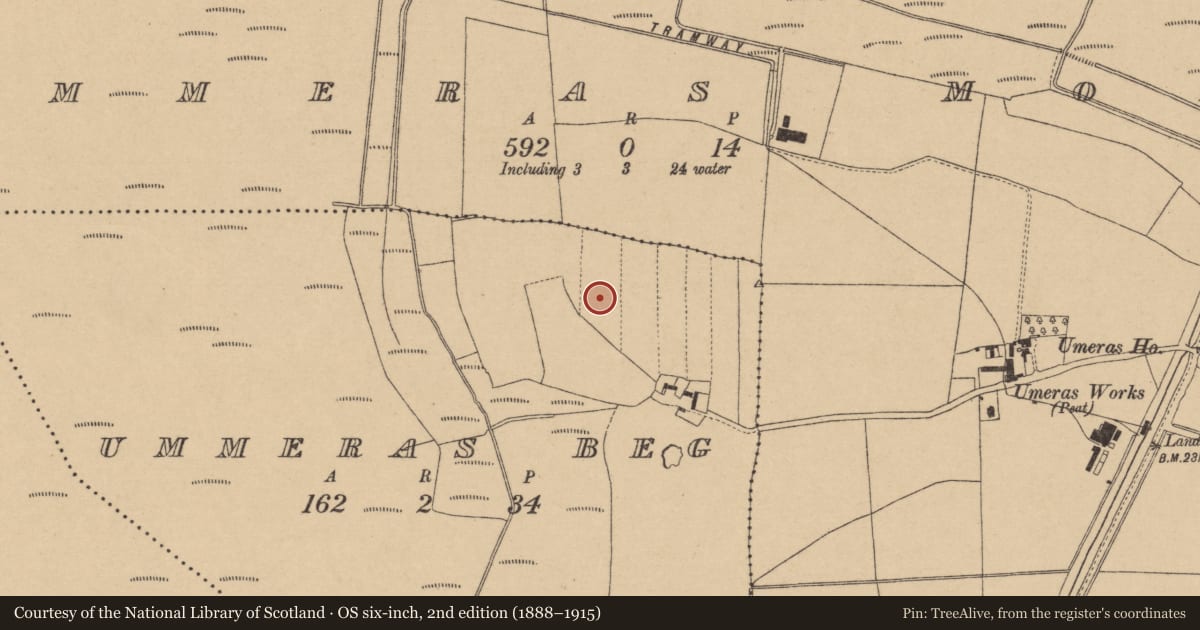 Ordnance Survey six-inch map, 2nd edition (1888–1915) covering the location of Enclosure, Ummeras Beg, County Kildare, with a pin at the register's coordinates