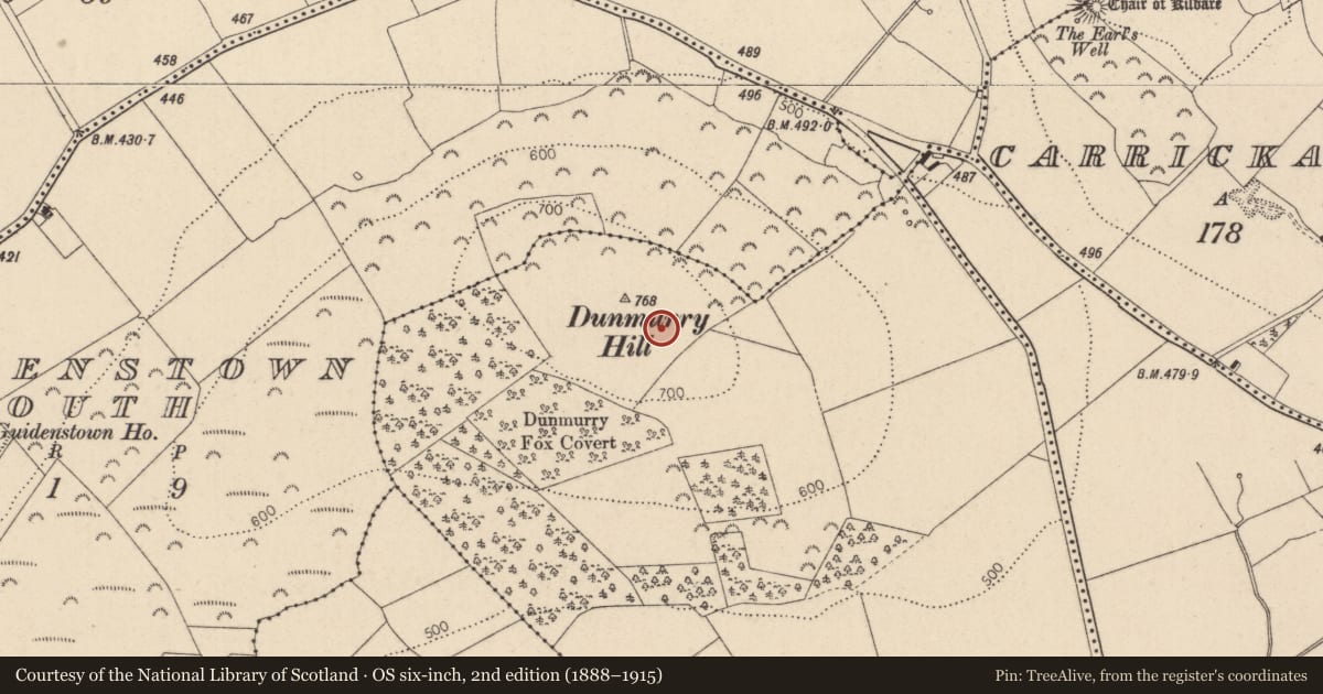Ordnance Survey six-inch map, 2nd edition (1888–1915) covering the location of Hillfort, Dunmurry West, County Kildare, with a pin at the register's coordinates