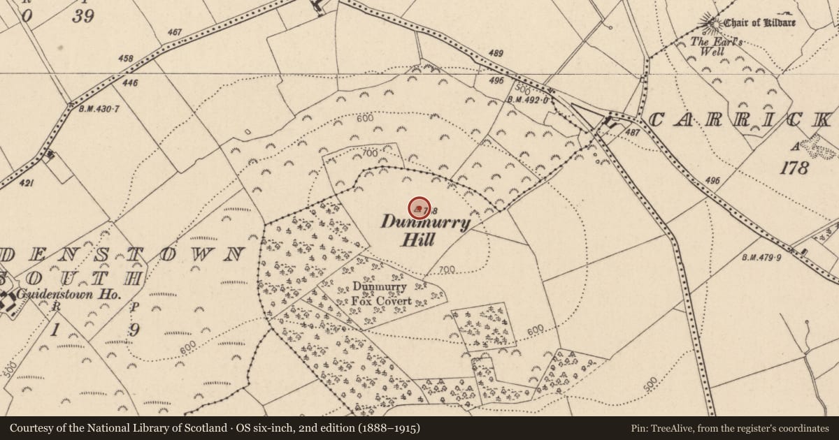 Ordnance Survey six-inch map, 2nd edition (1888–1915) covering the location of Enclosure, Dunmurry West, County Kildare, with a pin at the register's coordinates