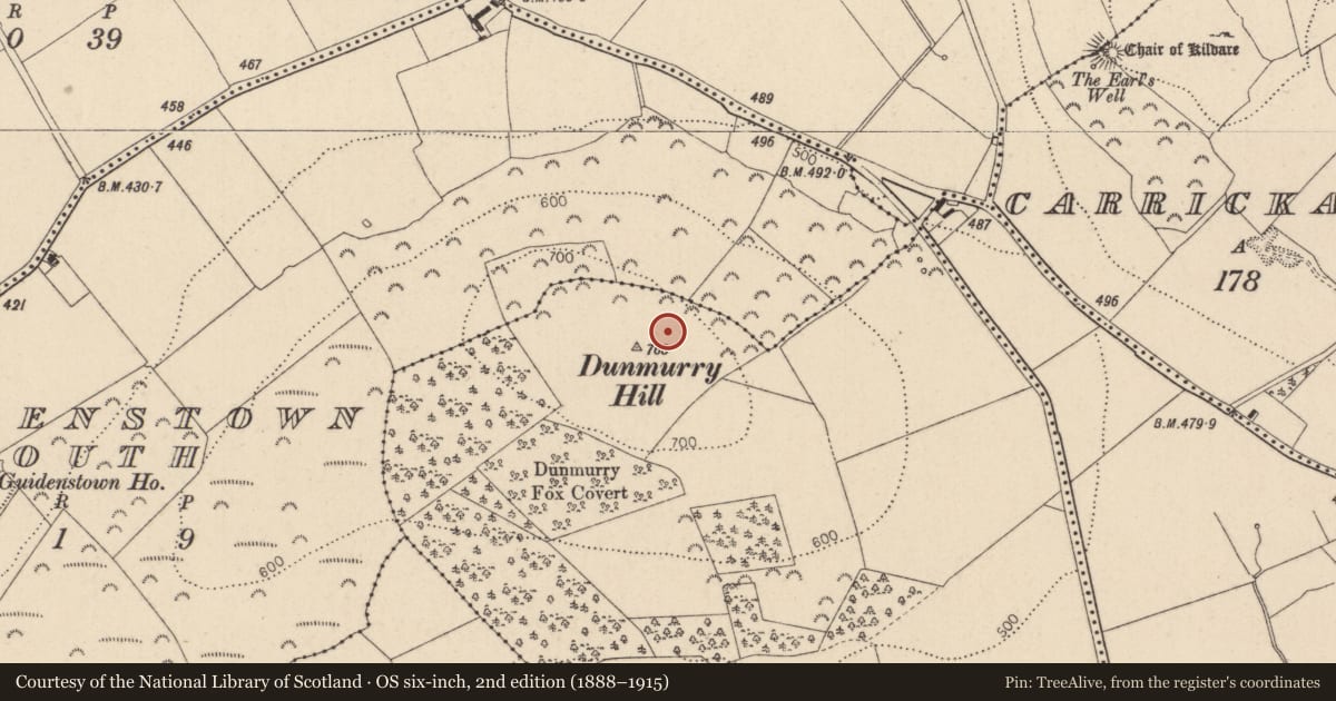 Ordnance Survey six-inch map, 2nd edition (1888–1915) covering the location of Mound, Dunmurry West, County Kildare, with a pin at the register's coordinates