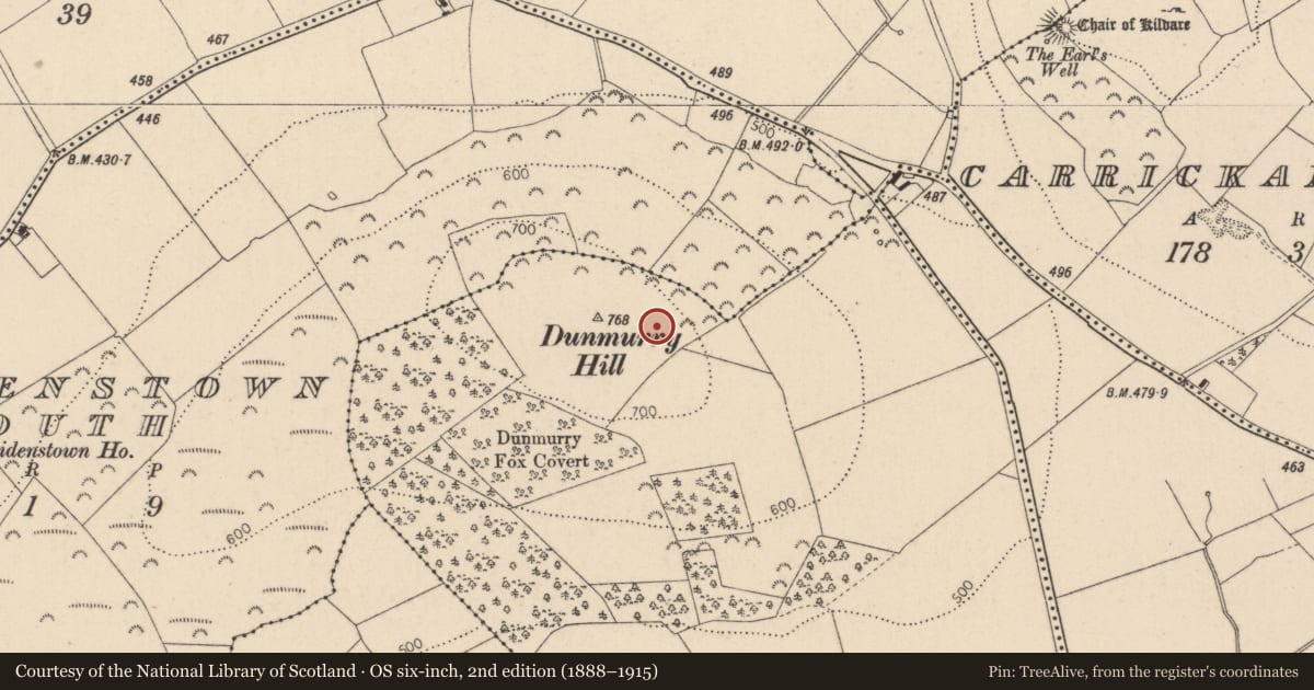 Ordnance Survey six-inch map, 2nd edition (1888–1915) covering the location of Hut site, Dunmurry West, County Kildare, with a pin at the register's coordinates