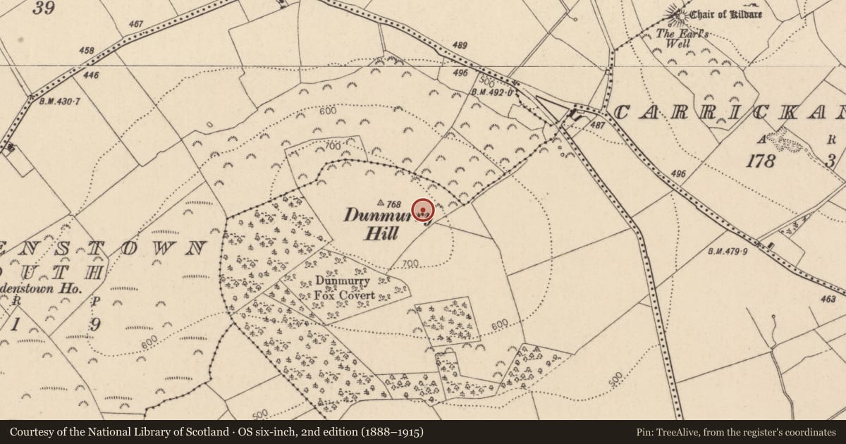 Ordnance Survey six-inch map, 2nd edition (1888–1915) covering the location of Hut site, Dunmurry West, County Kildare, with a pin at the register's coordinates
