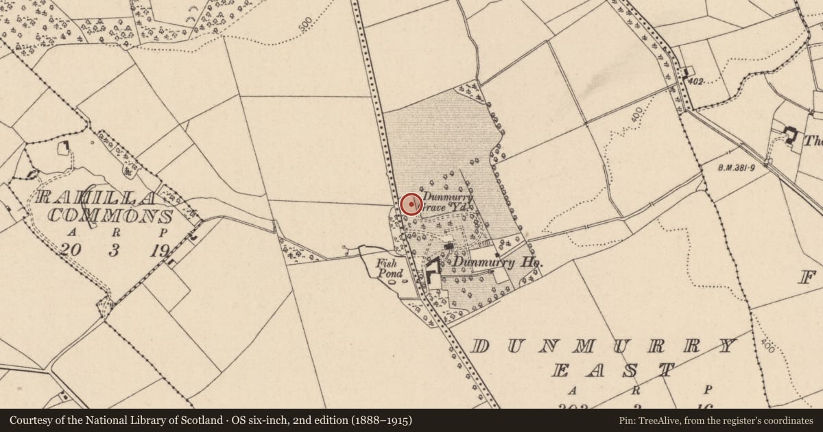 Ordnance Survey six-inch map, 2nd edition (1888–1915) covering the location of Graveyard, Dunmurry East, County Kildare, with a pin at the register's coordinates