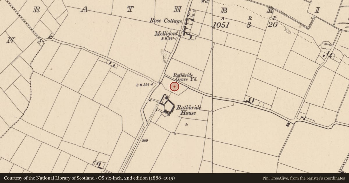 Ordnance Survey six-inch map, 2nd edition (1888–1915) covering the location of Burial ground, Rathbride, County Kildare, with a pin at the register's coordinates