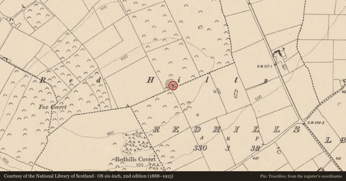 Ordnance Survey six-inch map, 2nd edition (1888–1915) covering the location of Barrow - ring-barrow, Watergrange, County Kildare, with a pin at the register's coordinates