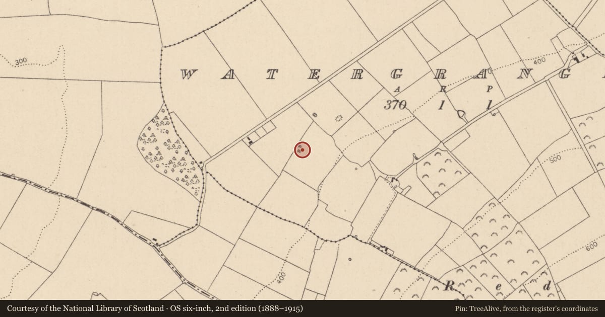 Ordnance Survey six-inch map, 2nd edition (1888–1915) covering the location of Enclosure, Watergrange, County Kildare, with a pin at the register's coordinates