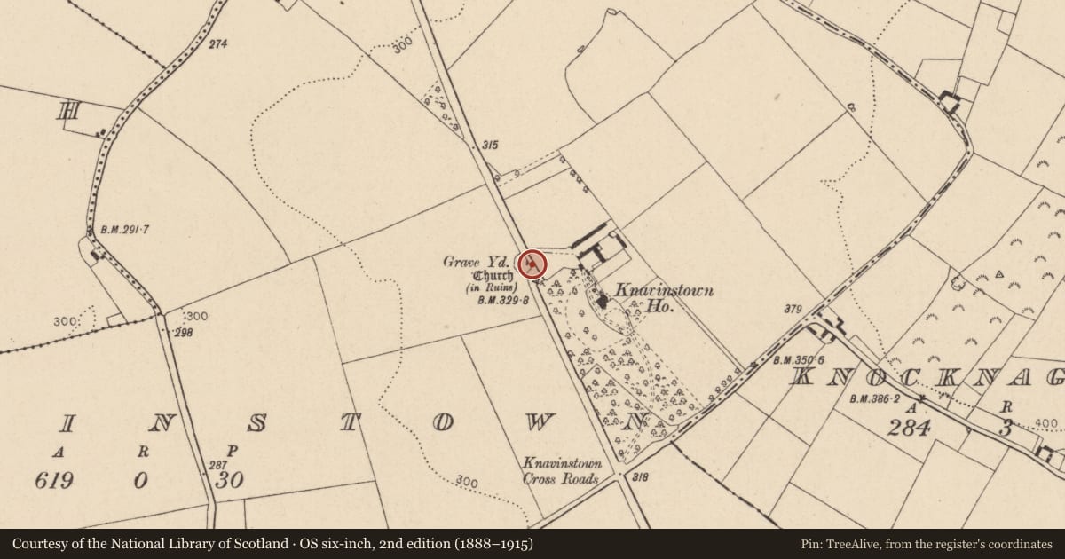 Ordnance Survey six-inch map, 2nd edition (1888–1915) covering the location of Church, Knavinstown, County Kildare, with a pin at the register's coordinates
