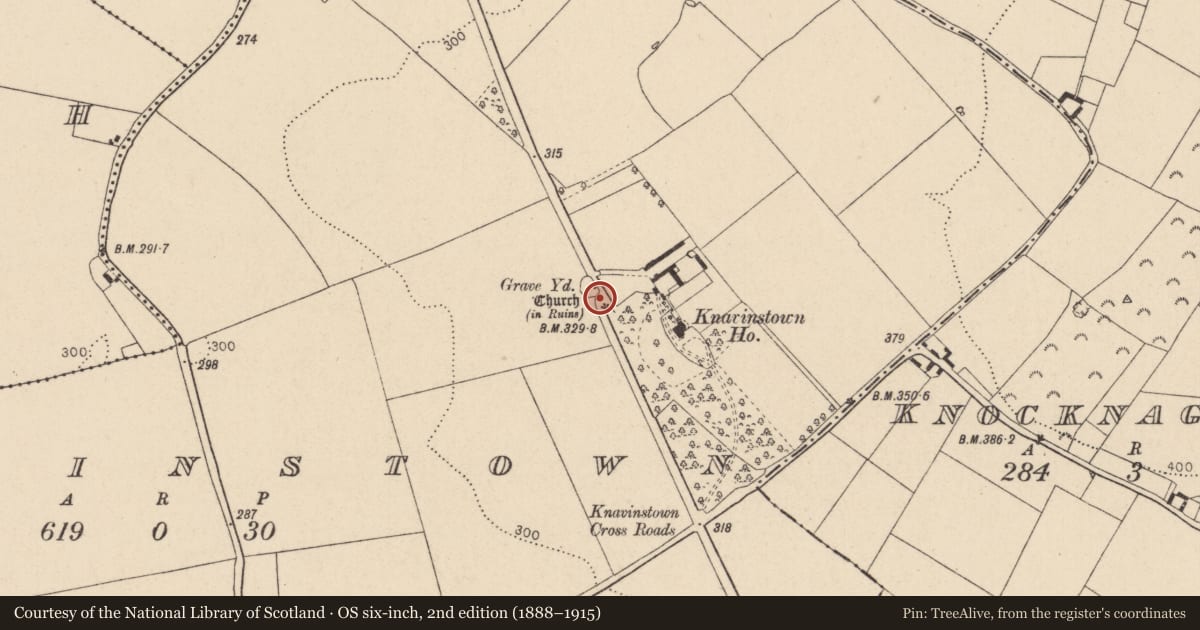 Ordnance Survey six-inch map, 2nd edition (1888–1915) covering the location of Coffin-resting stone, Knavinstown, County Kildare, with a pin at the register's coordinates