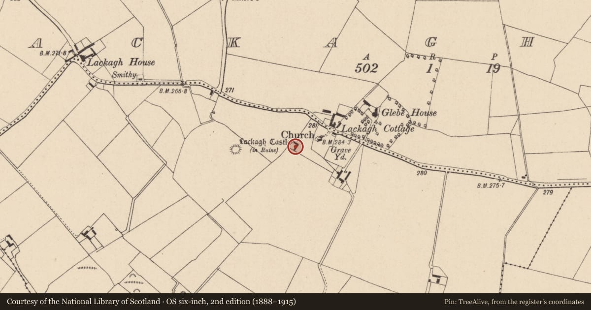 Ordnance Survey six-inch map, 2nd edition (1888–1915) covering the location of Castle - hall-house, Lackagh More, County Kildare, with a pin at the register's coordinates