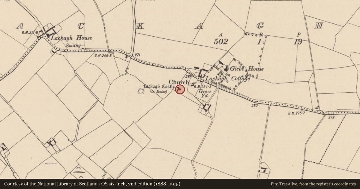 Ordnance Survey six-inch map, 2nd edition (1888–1915) covering the location of Bawn, Lackagh Beg, County Kildare, with a pin at the register's coordinates