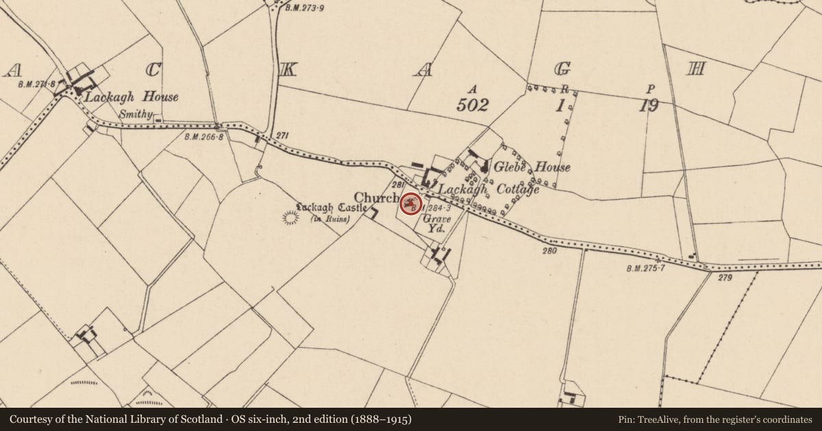 Ordnance Survey six-inch map, 2nd edition (1888–1915) covering the location of Church, Lackagh More, County Kildare, with a pin at the register's coordinates