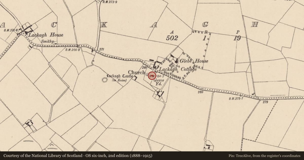 Ordnance Survey six-inch map, 2nd edition (1888–1915) covering the location of Graveyard, Lackagh More, County Kildare, with a pin at the register's coordinates