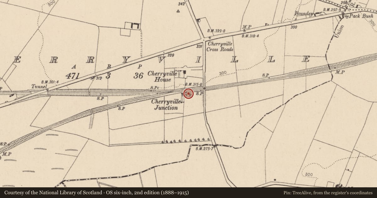 Ordnance Survey six-inch map, 2nd edition (1888–1915) covering the location of Enclosure, Cherryville, County Kildare, with a pin at the register's coordinates