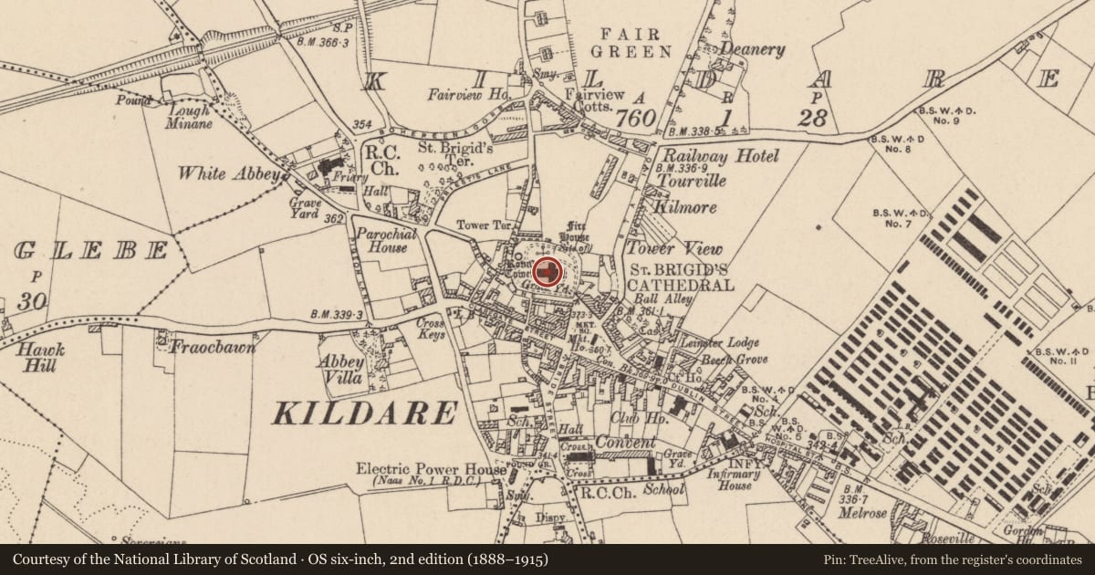 Ordnance Survey six-inch map, 2nd edition (1888–1915) covering the location of Ecclesiastical site, Kildare, with a pin at the register's coordinates