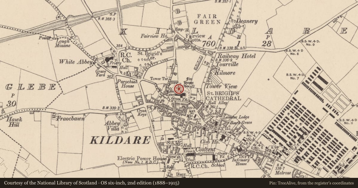 Ordnance Survey six-inch map, 2nd edition (1888–1915) covering the location of Building, Kildare, with a pin at the register's coordinates