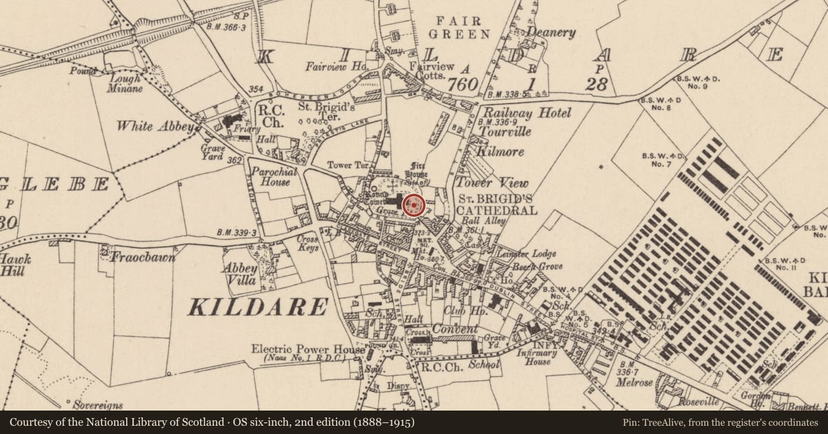 Ordnance Survey six-inch map, 2nd edition (1888–1915) covering the location of Building, Kildare, with a pin at the register's coordinates
