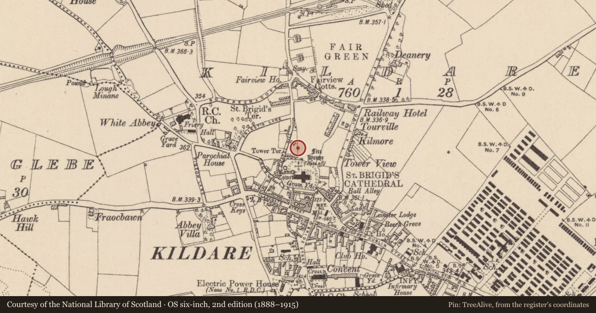 Ordnance Survey six-inch map, 2nd edition (1888–1915) covering the location of Burial, Kildare, with a pin at the register's coordinates