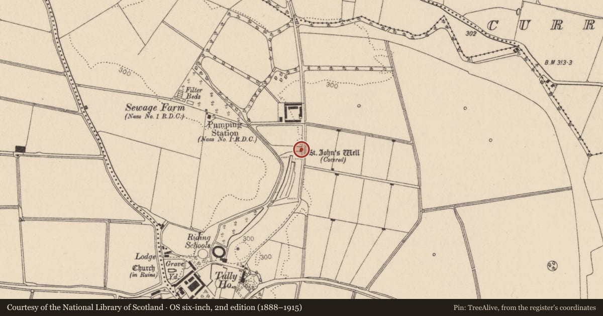 Ordnance Survey six-inch map, 2nd edition (1888–1915) covering the location of Ritual site - holy well, Tully East, County Kildare, with a pin at the register's coordinates