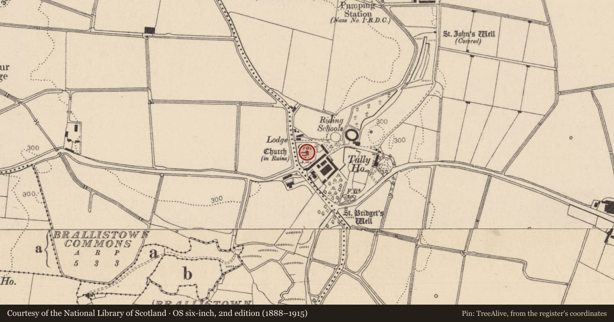 Ordnance Survey six-inch map, 2nd edition (1888–1915) covering the location of Religious house - Knights Hospitallers, Tully East, County Kildare, with a pin at the register's coordinates