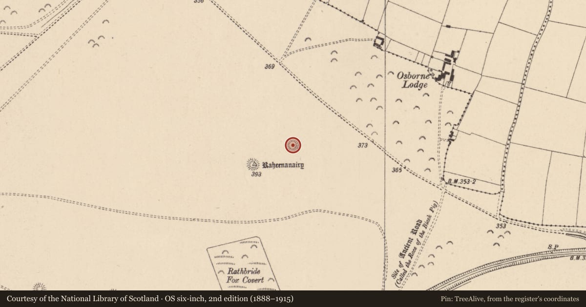 Ordnance Survey six-inch map, 2nd edition (1888–1915) covering the location of Barrow - ring-barrow, Curragh, County Kildare, with a pin at the register's coordinates