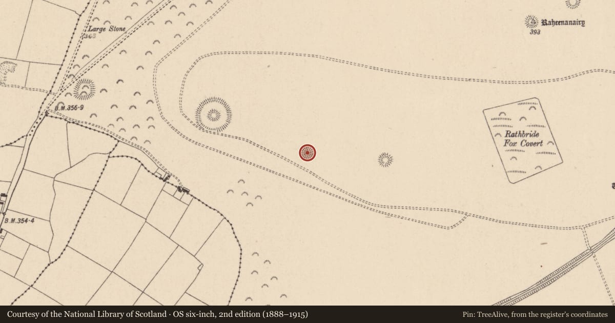 Ordnance Survey six-inch map, 2nd edition (1888–1915) covering the location of Barrow - ring-barrow, Curragh, County Kildare, with a pin at the register's coordinates