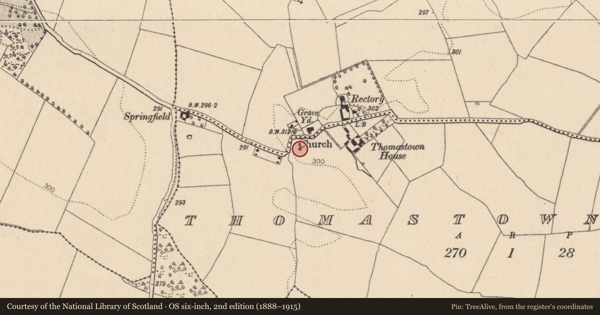 Ordnance Survey six-inch map, 2nd edition (1888–1915) covering the location of Enclosure, Thomastown West, County Kildare, with a pin at the register's coordinates