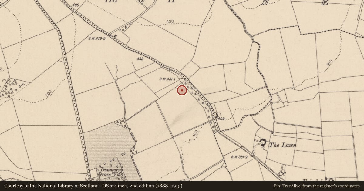 Ordnance Survey six-inch map, 2nd edition (1888–1915) covering the location of Mound, Dunmurry East, County Kildare, with a pin at the register's coordinates