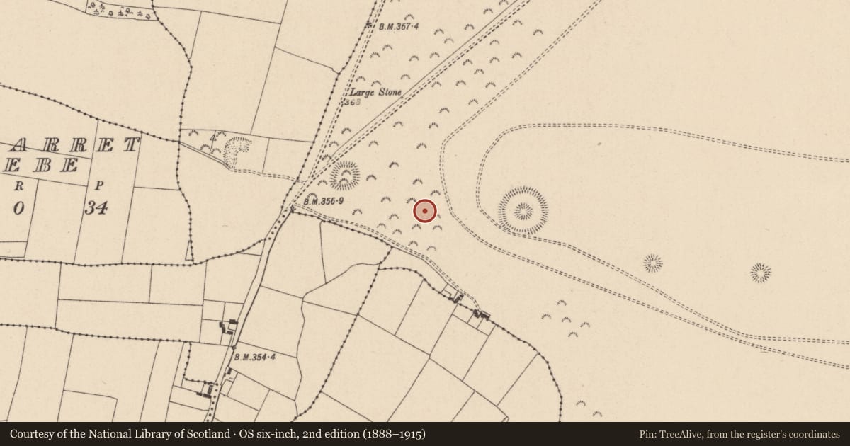 Ordnance Survey six-inch map, 2nd edition (1888–1915) covering the location of Barrow - ring-barrow, Curragh, County Kildare, with a pin at the register's coordinates