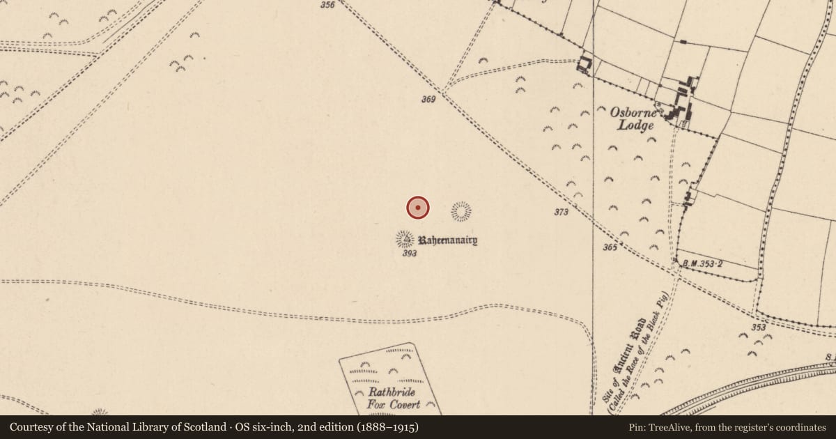Ordnance Survey six-inch map, 2nd edition (1888–1915) covering the location of Barrow - ditch barrow, Curragh, County Kildare, with a pin at the register's coordinates