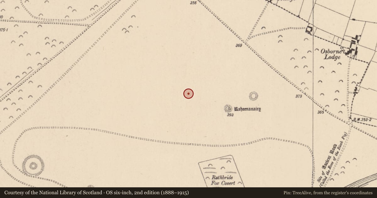 Ordnance Survey six-inch map, 2nd edition (1888–1915) covering the location of Mound, Curragh, County Kildare, with a pin at the register's coordinates