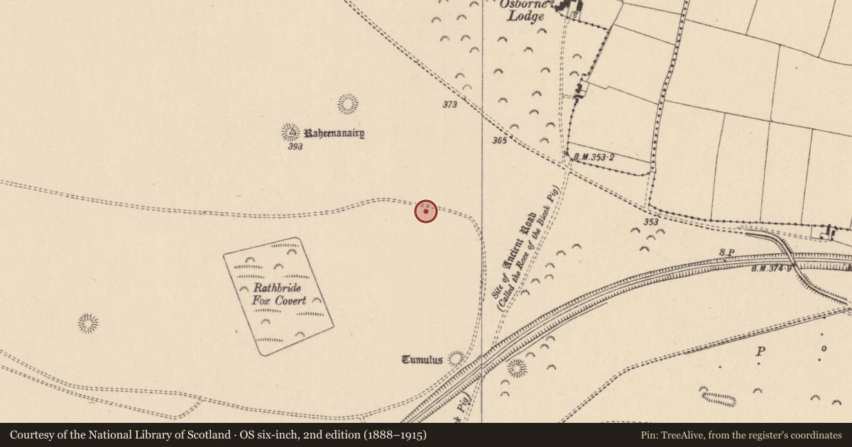 Ordnance Survey six-inch map, 2nd edition (1888–1915) covering the location of Barrow - unclassified, Curragh, County Kildare, with a pin at the register's coordinates